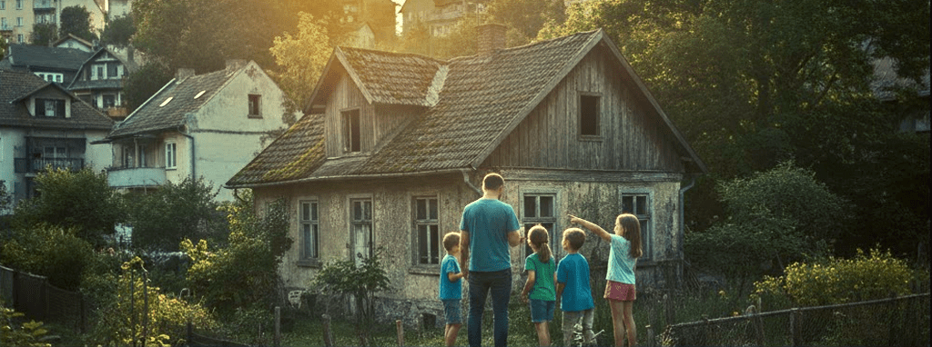 Familie schaut sich ein älteres Haus an