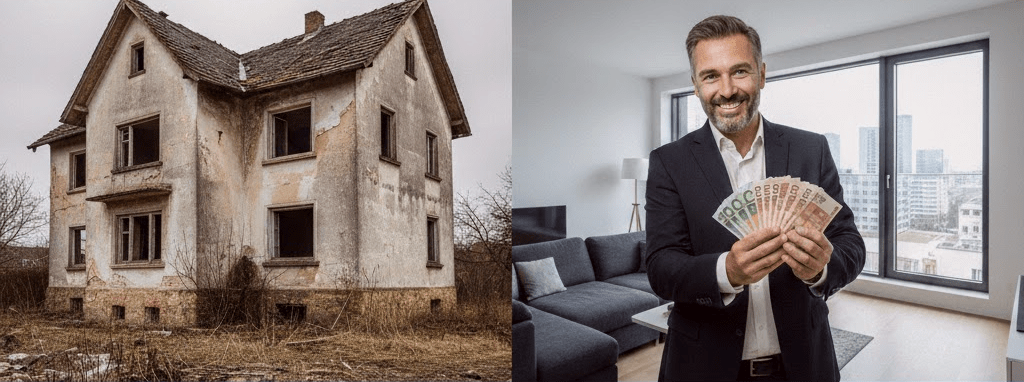 Verfallenes Haus und Geldübergabe