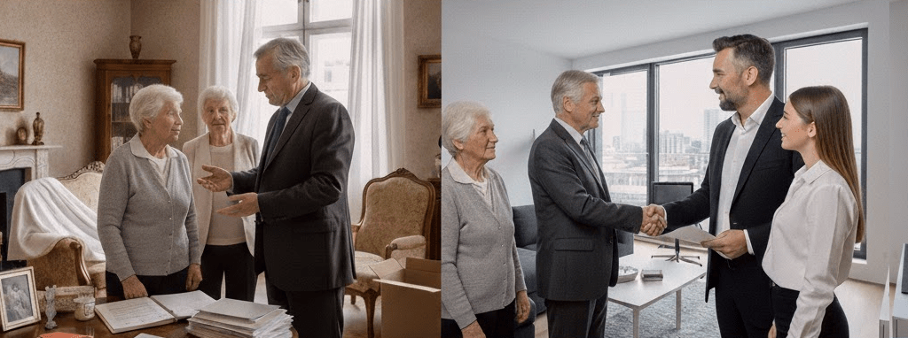 Zwei Szenen mit Gesprächen und Übergaben.