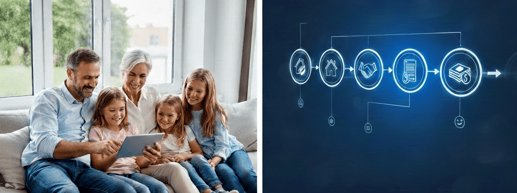 Familie sitzt zusammen und lächelt.