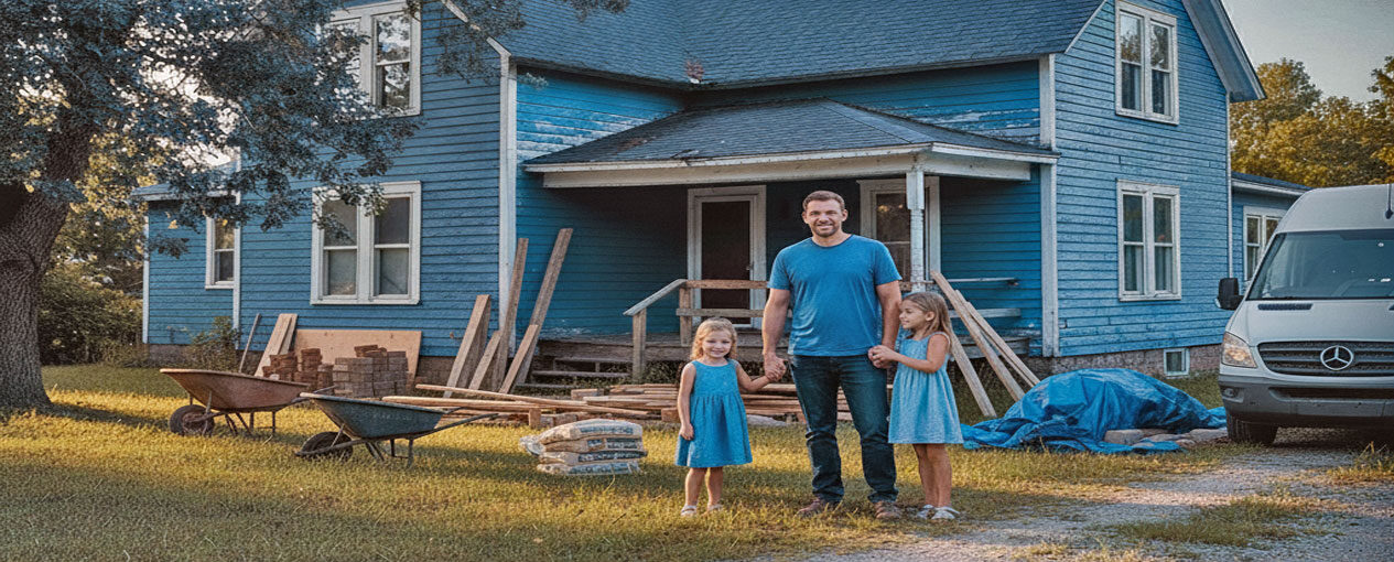 Familie vor blauem Haus im Freien